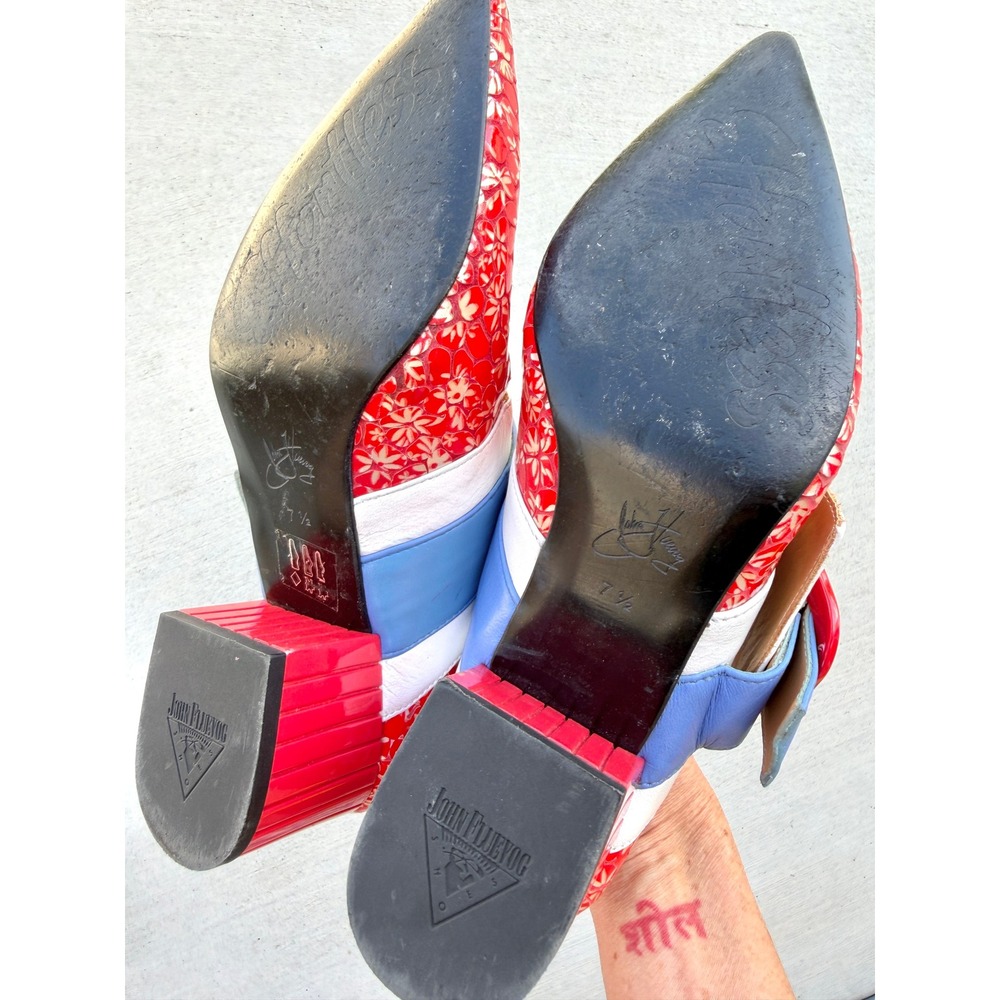 John Fluevog Effortless Felicity Floral Buckle Pumps Red White Block Heels 7.5 - Picture 7 of 9